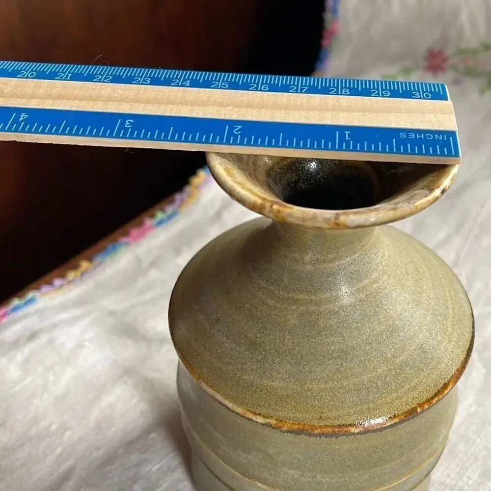 Vintage OMC Midcentury vase green and tan bamboo ceramic.